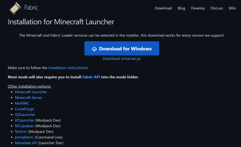 ページ中央にある「Download for Windows」ボタンをクリックして、Fabricインストーラーをダウンロード