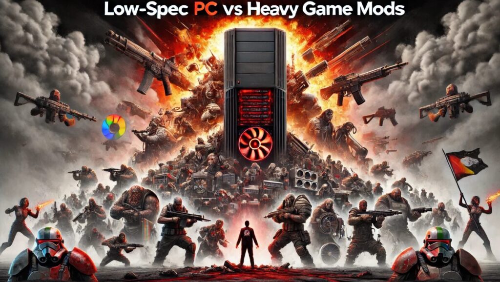 Here is the thumbnail image created based on your prompt, depicting a low-spec PC struggling to run heavy game MODs. The design emphasizes the tension with red and black tones, a smoking PC case, and an overflowing game screen. This should effectively attract attention and improve visibility in Google search results.