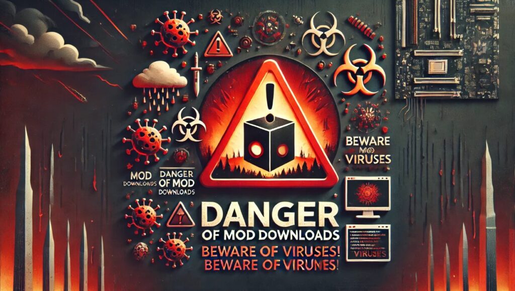 Here is the thumbnail image created based on your prompt for a blog about the dangers of downloading MODs, emphasizing the risks of viruses and malware. The design is intended to grab attention while conveying the warning clearly, which should help improve visibility and engagement in Google search results.