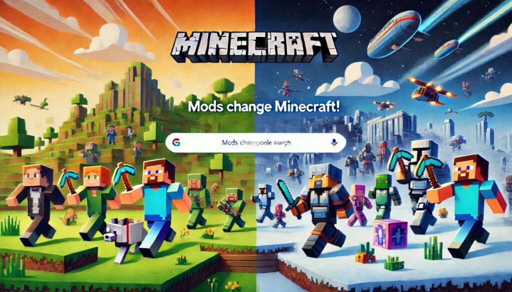 Here is the thumbnail image created based on your prompt, showcasing how MODs dramatically change Minecraft. The contrast between the default game and the MOD-enhanced elements should visually engage users, helping the image stand out and attract clicks in Google search results.