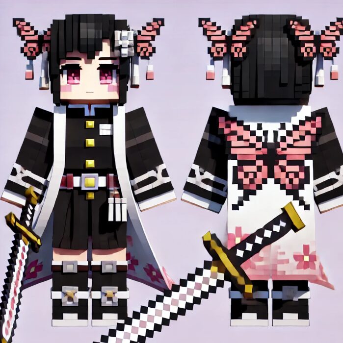 Here is a Minecraft skin concept based on the character inspired by Kanao Tsuyuri from Demon Slayer. The design includes the key elements such as the butterfly hair accessories, black uniform, and katana, all adapted into the pixelated Minecraft style. Let me know if you'd like any adjustments or further ideas!