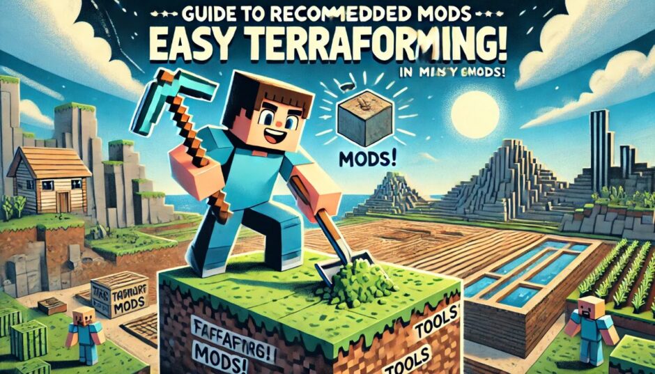 Here is the thumbnail image created based on your prompt for the blog titled "Guide to Recommended MODs for Easy Terraforming in Minecraft." It visually emphasizes the terraforming process, MOD tools, and includes bright, catchy text to help the image stand out in Google search results.