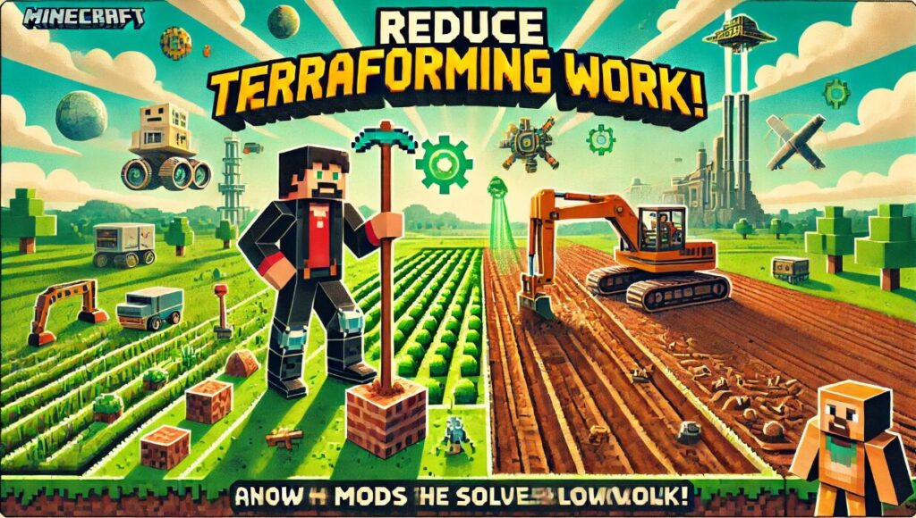 Here is the thumbnail image created for your blog titled "The Importance of Terraforming in Minecraft and How MODs Solve the Workload!" It visually emphasizes both manual terraforming and MOD-driven automation, using bright Minecraft colors and bold text to capture attention. This should help increase visibility and engagement in Google search results.