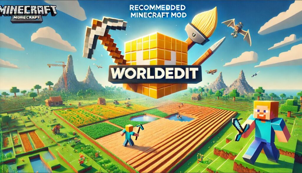 Here is the thumbnail image created for your blog titled "Recommended Minecraft MOD for Terraforming: WorldEdit." It visually emphasizes the expansive terraforming process, highlighting the WorldEdit tool in a bright, engaging Minecraft scene. This design should help attract attention and improve visibility in Google search results.