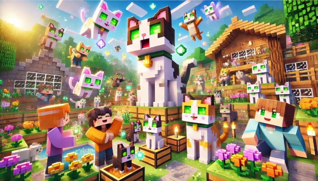 マインクラフトの世界で、プレイヤーがMODで猫たちと楽しく触れ合う様子